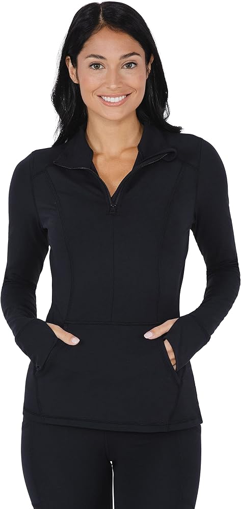 Half Zip Lightweight Workout Long Sleeve Athletic Jacket with Front Pockets and Thumbholes — Black