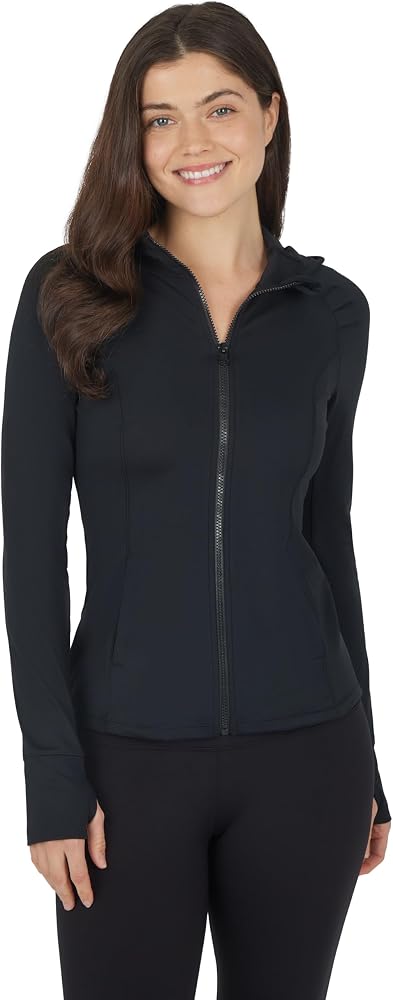 Full-Zip Lightweight Hooded Running Workout Yoga Lux Jacket with Pockets — Black