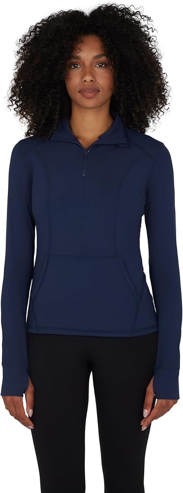 Half Zip Lightweight Workout Long Sleeve Athletic Jacket with Front Pockets and Thumbholes — Dark Navy