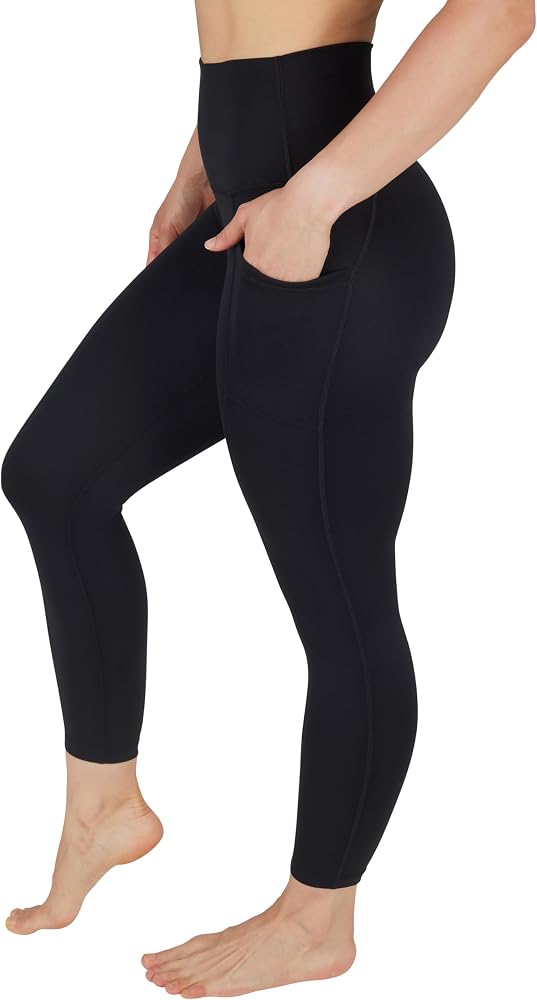 Womens High Waisted Yoga Legging Elastic Free Squat Proof Ankle Length Lux Workout Pant — Black W/Pocket