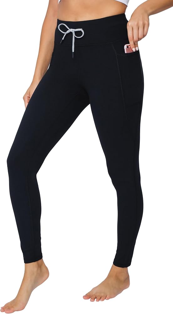 Womens Lux High Waist Full Length Legging with Drawstring & Side Pocket — Black