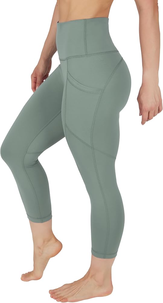 High Waist Squat Proof Yoga Capri Leggings with Side Pockets for Women — Green Milieu Lux With Pocket