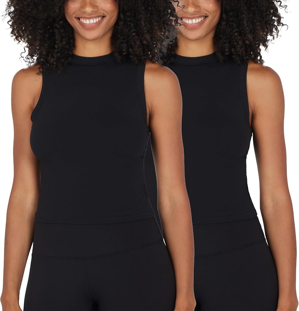 Womens Cotton Tank Top Mock Neck Super Soft Jersey Fitted Basic Sleeveless Summer Shirts 1 Pack — Black/Black 2 Pack
