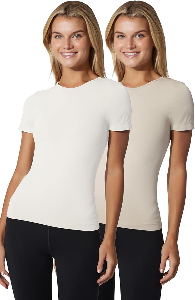 Basic Short Sleeve T-Shirt 2 Pack Soft Slim Fit Gym Shirt for Women — Gray Morn/Sugar Swizzle